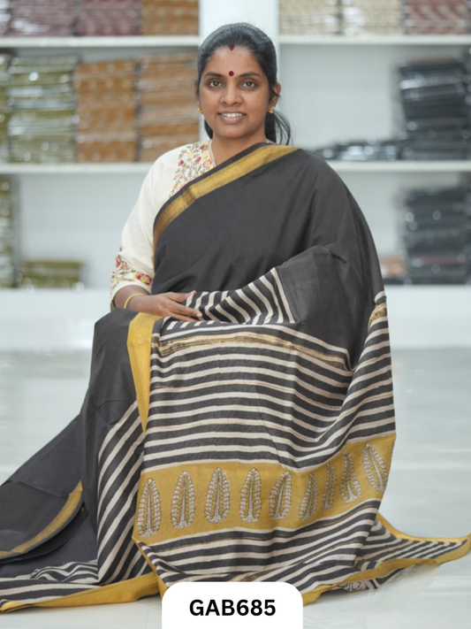 Hand Block Printed Maheshwari Silk Saree