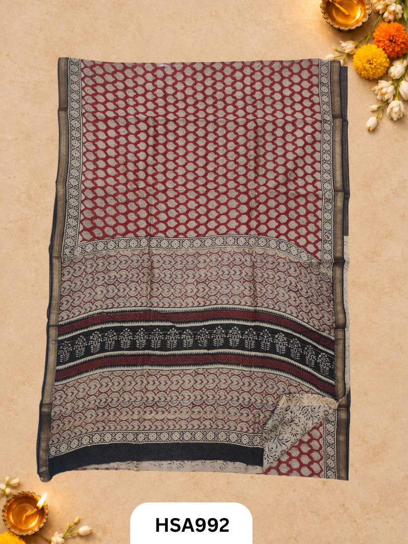 Pure Maheswari Silk Cotton - Handblock Print Saree With Blouse