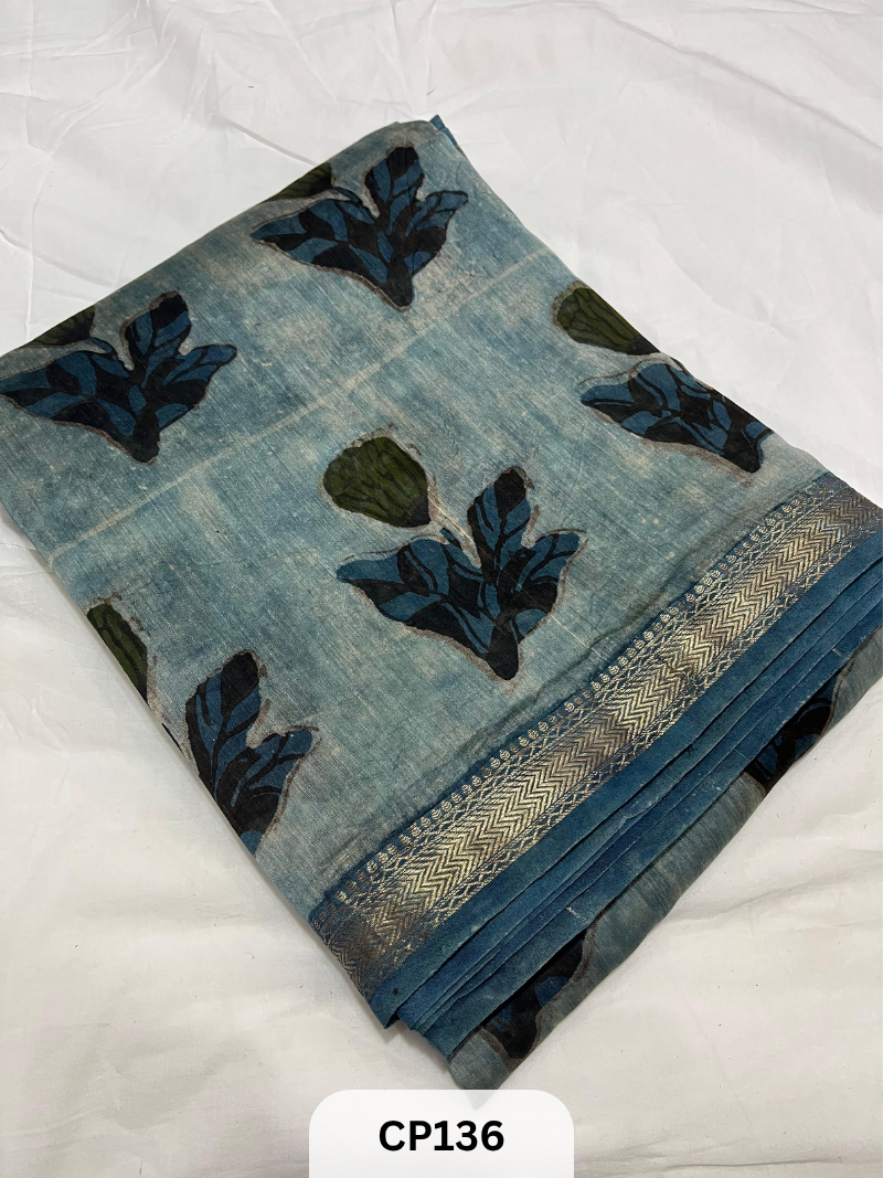 Maheshwari Silk Zari Border with Jaipur Handblock Print Saree