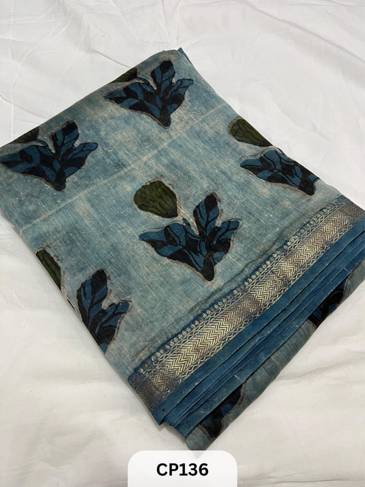 Maheshwari Silk Zari Border with Jaipur Handblock Print Saree