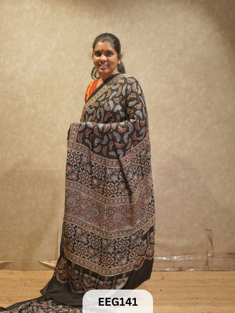 AJRAKH MODAL SAREE WITH KHATLI HANDWORK