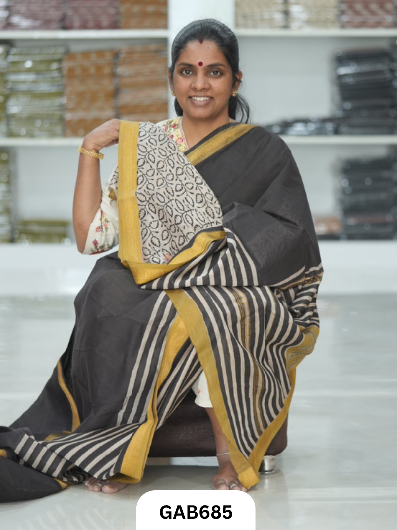 Hand Block Printed Maheshwari Silk Saree
