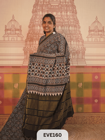 PURE CHANDERI SILK AJRAKH HANDBLOCK SAREE