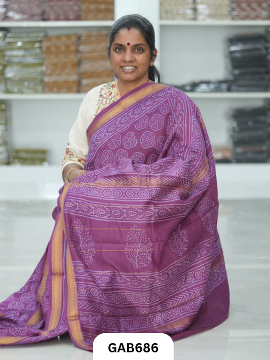 Hand Block Printed Maheshwari Silk Saree