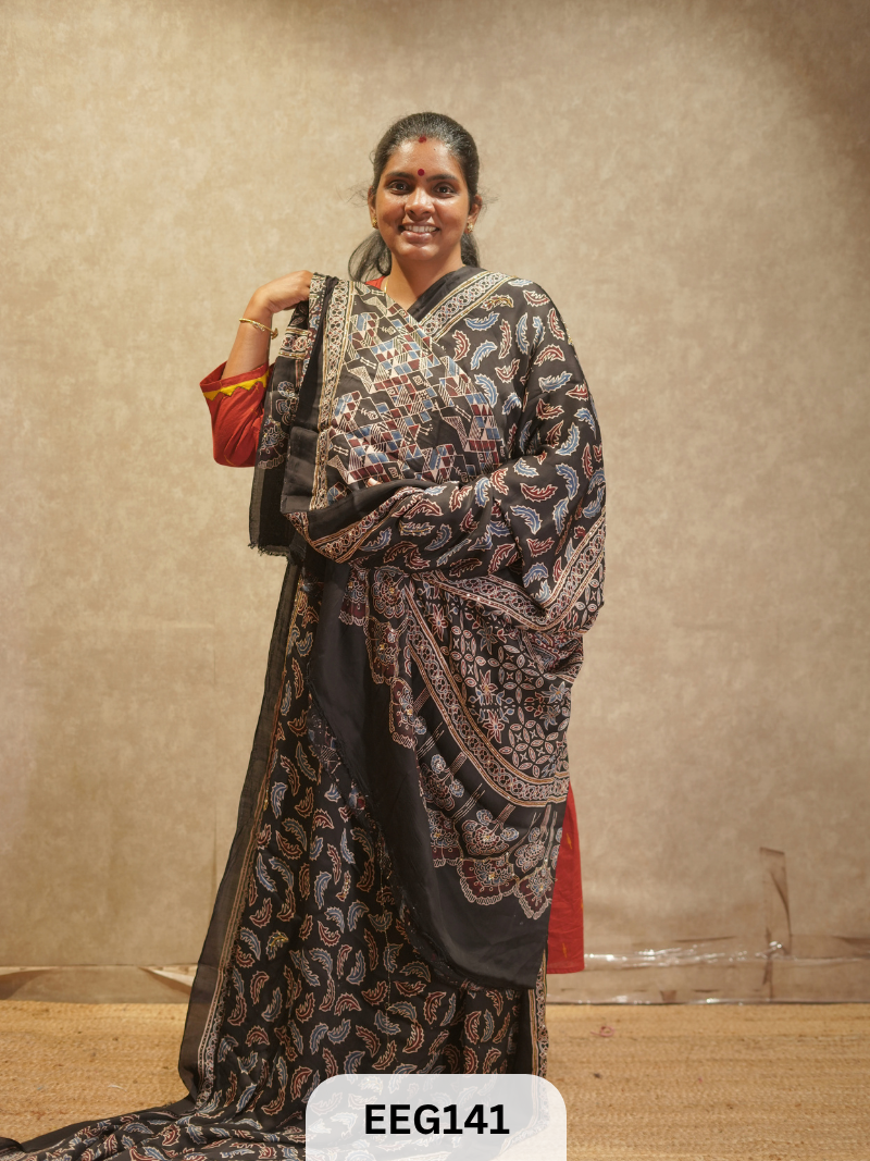 AJRAKH MODAL SAREE WITH KHATLI HANDWORK
