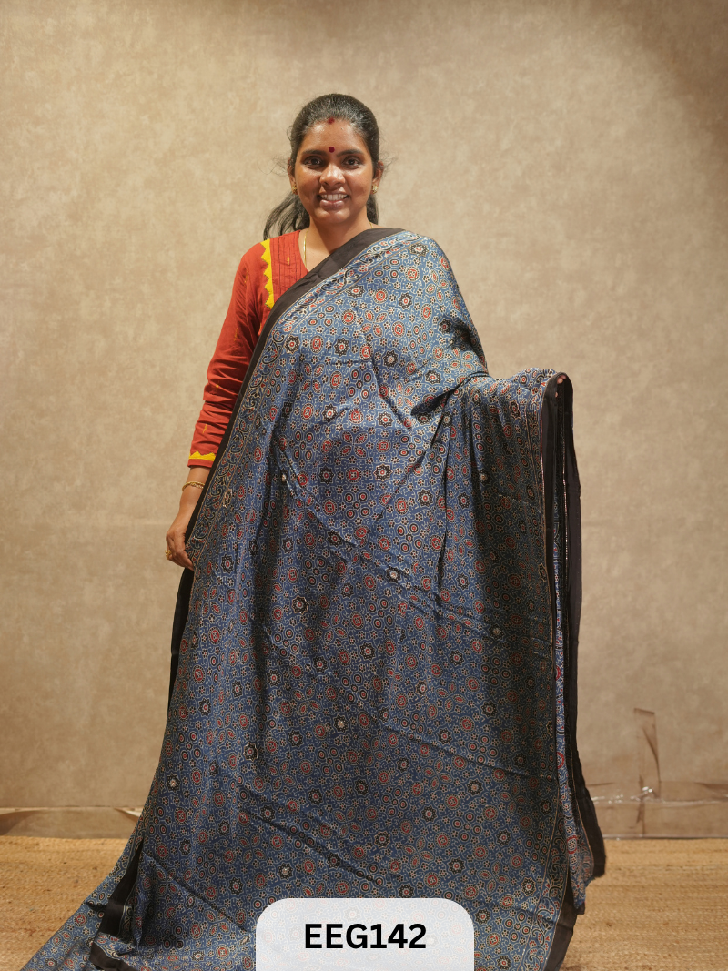 AJRAKH MODAL SAREE WITH KHATLI HANDWORK