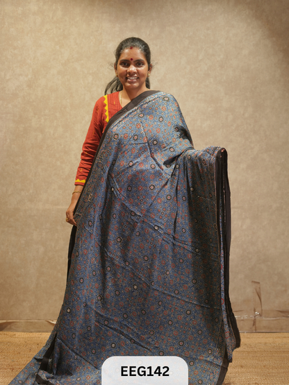 AJRAKH MODAL SAREE WITH KHATLI HANDWORK