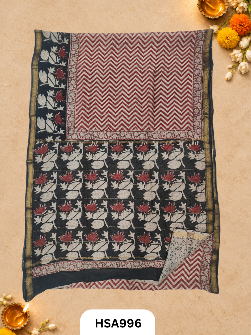 Pure Maheswari Silk Cotton - Handblock Print Saree With Blouse
