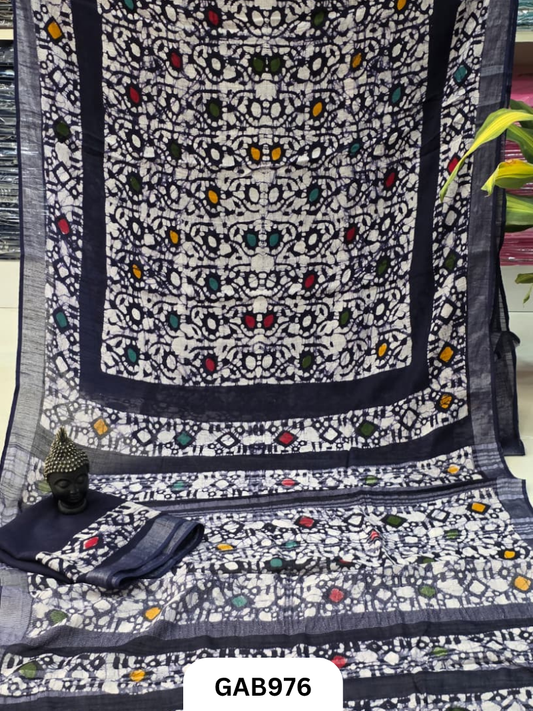 Bagru Handblock Print Linen Saree With Attached Blouse