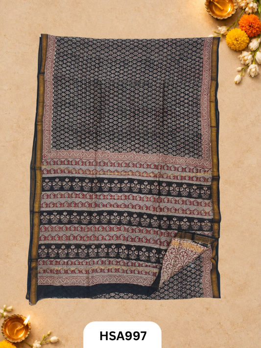 Pure Maheswari Silk Cotton - Handblock Print Saree With Blouse