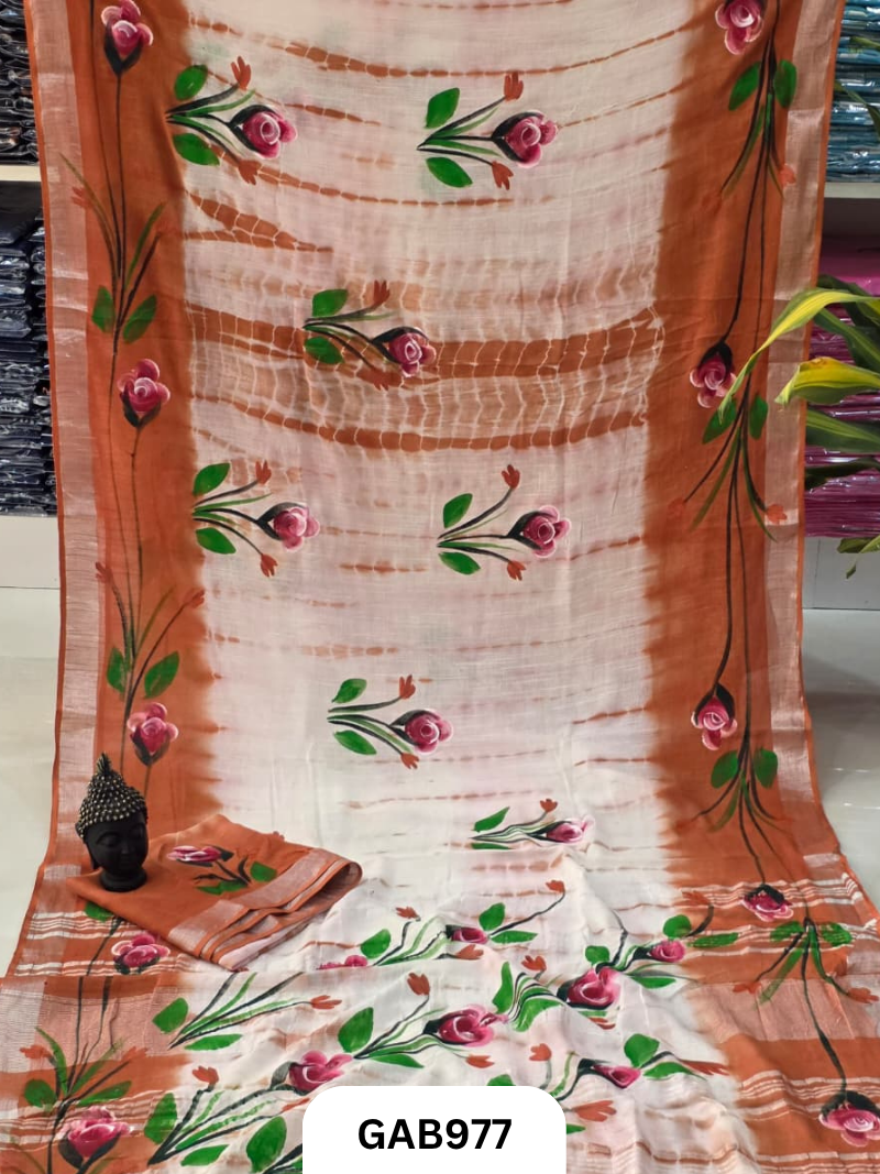 Bagru Handblock Print Linen Saree With Attached Blouse