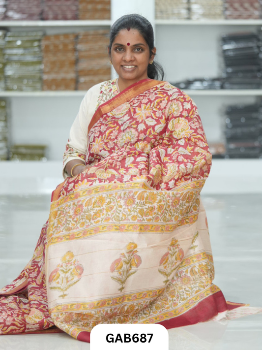 Hand Block Printed Maheshwari Silk Saree