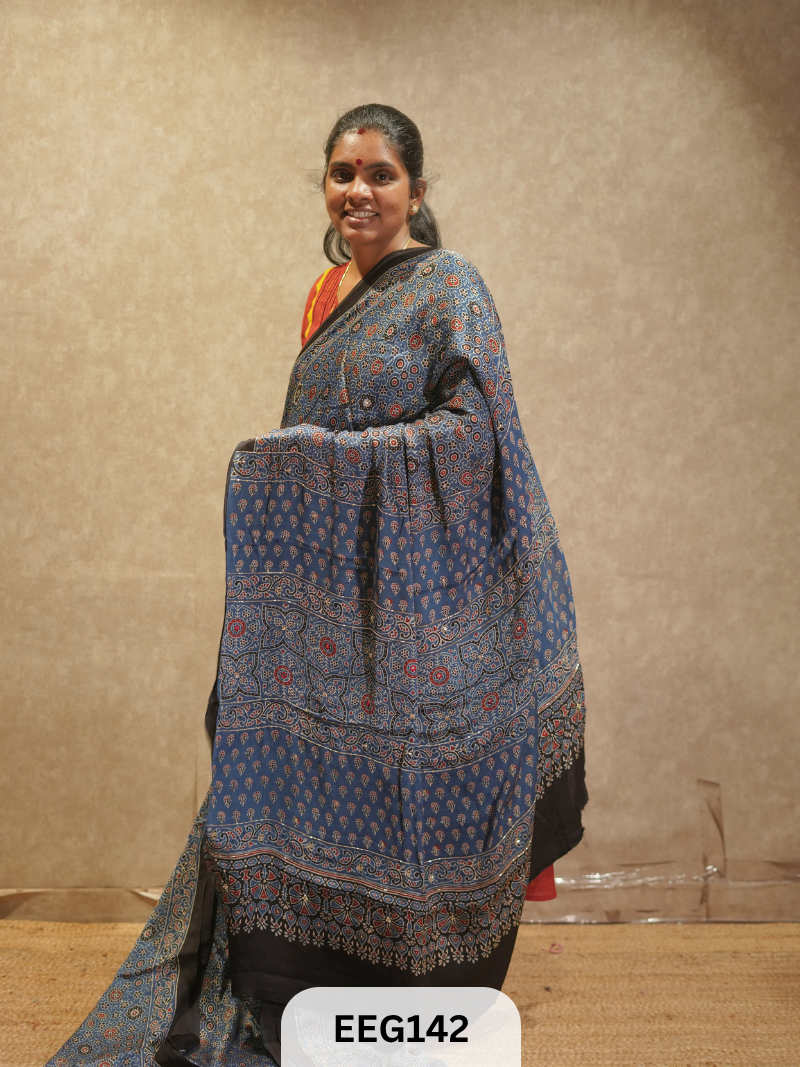 AJRAKH MODAL SAREE WITH KHATLI HANDWORK
