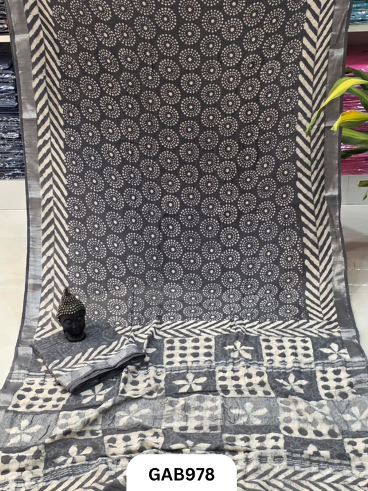 Bagru Handblock Print Linen Saree With Attached Blouse