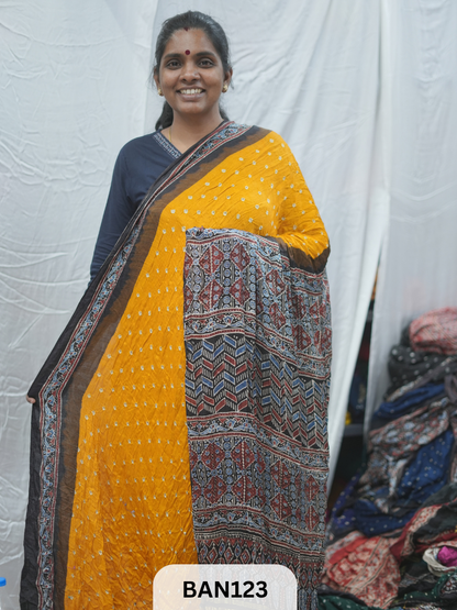 BANDHANI WITH AJRAKH SEMI GAJI SAREE