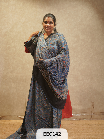 AJRAKH MODAL SAREE WITH KHATLI HANDWORK