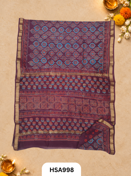 Pure Maheswari Silk Cotton - Handblock Print Saree With Blouse