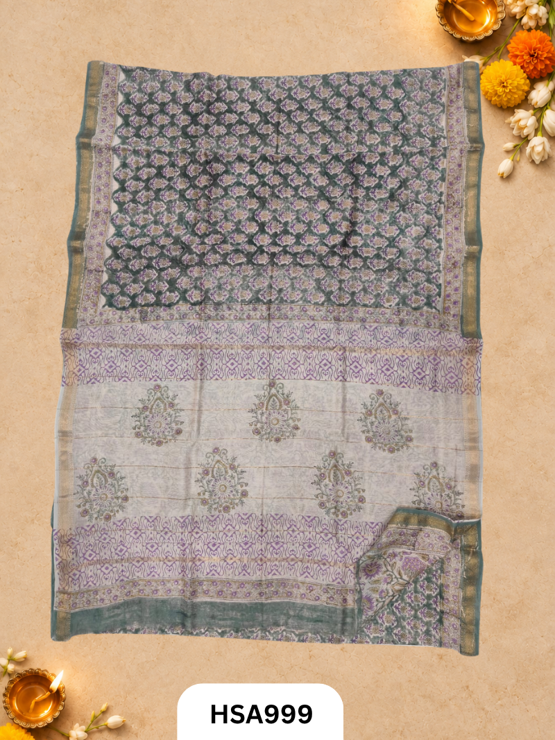 Pure Maheswari Silk Cotton - Handblock Print Saree With Blouse
