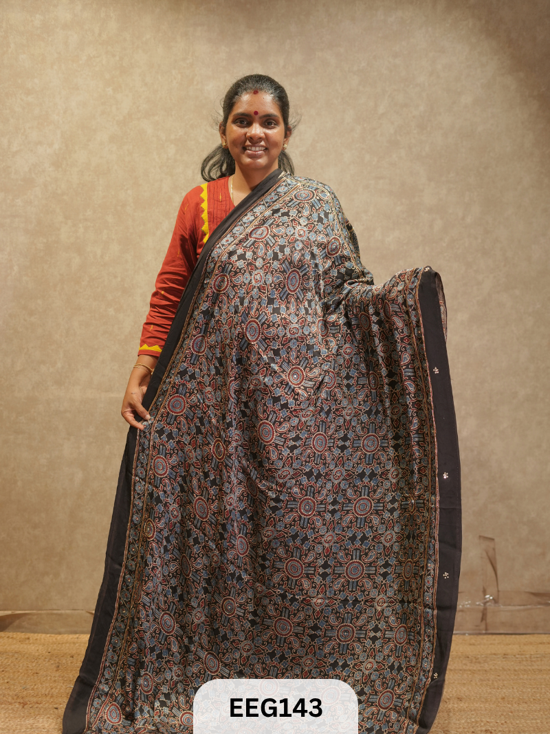 AJRAKH MODAL SAREE WITH KHATLI HANDWORK