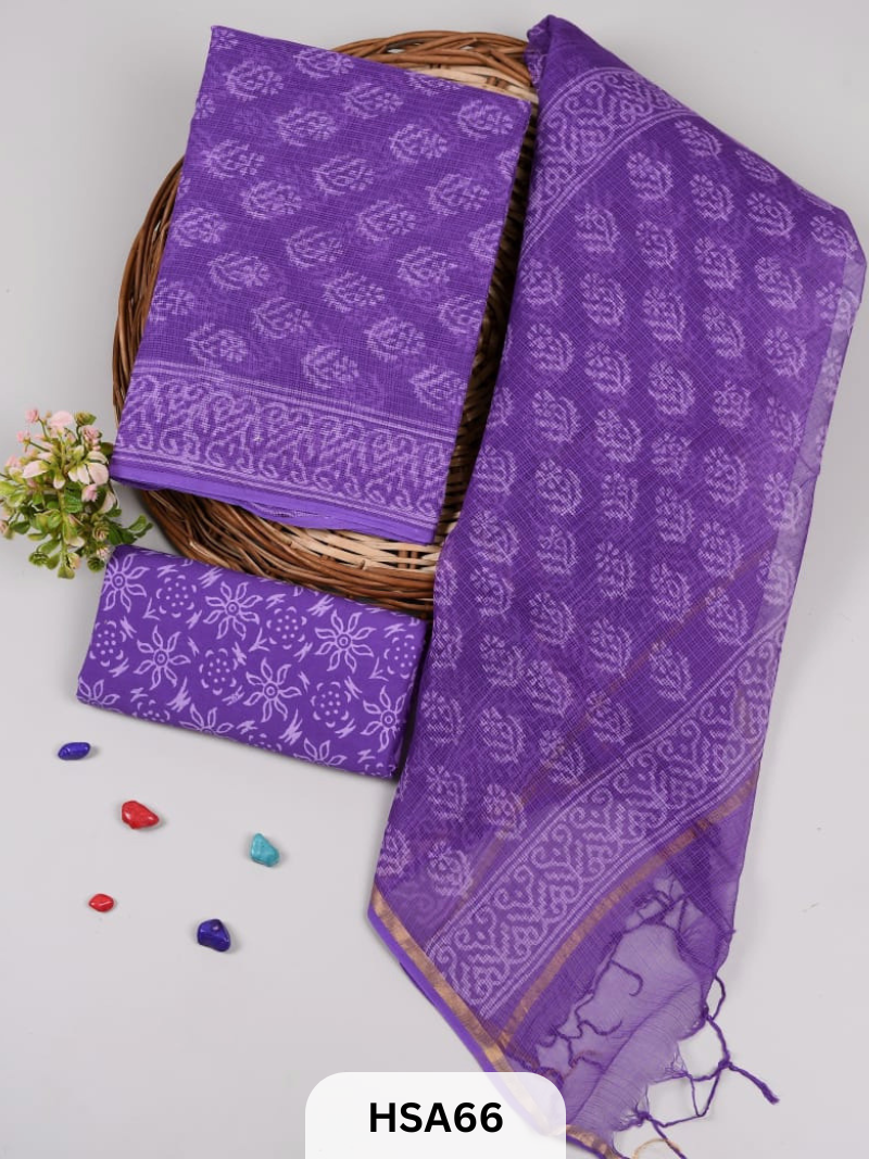 HAND BLOCK PRINTED KOTA DORIA SUIT WITH KOTA DORIA DUPATTA COTTON BOTTOM