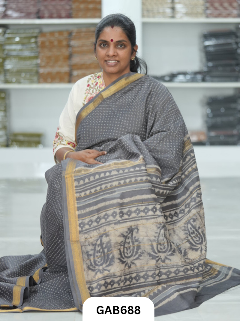Hand Block Printed Maheshwari Silk Saree