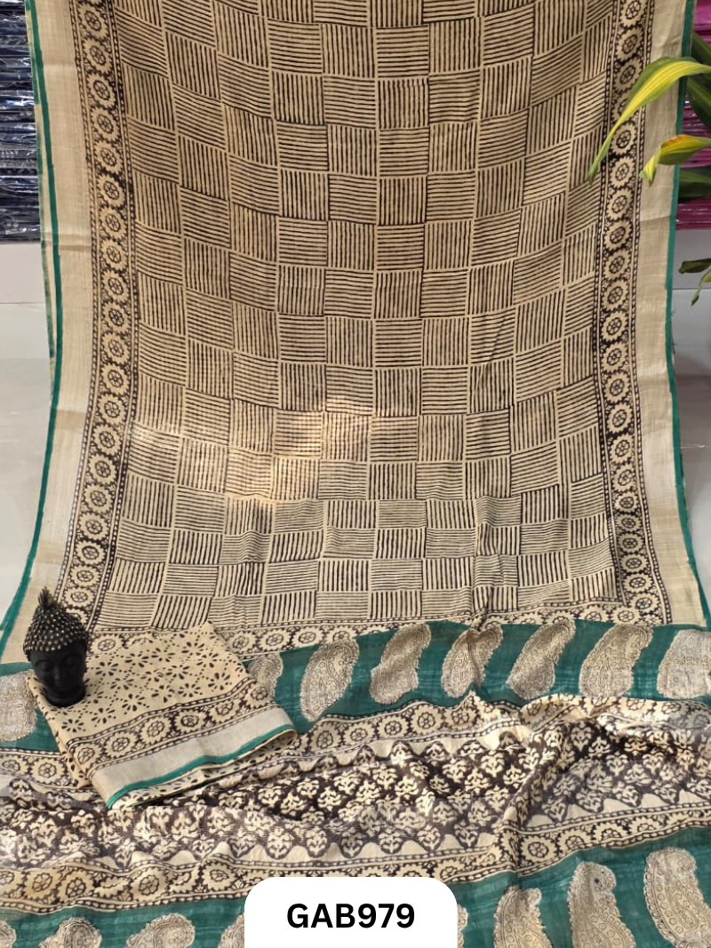 Bagru Handblock Print Linen Saree With Attached Blouse