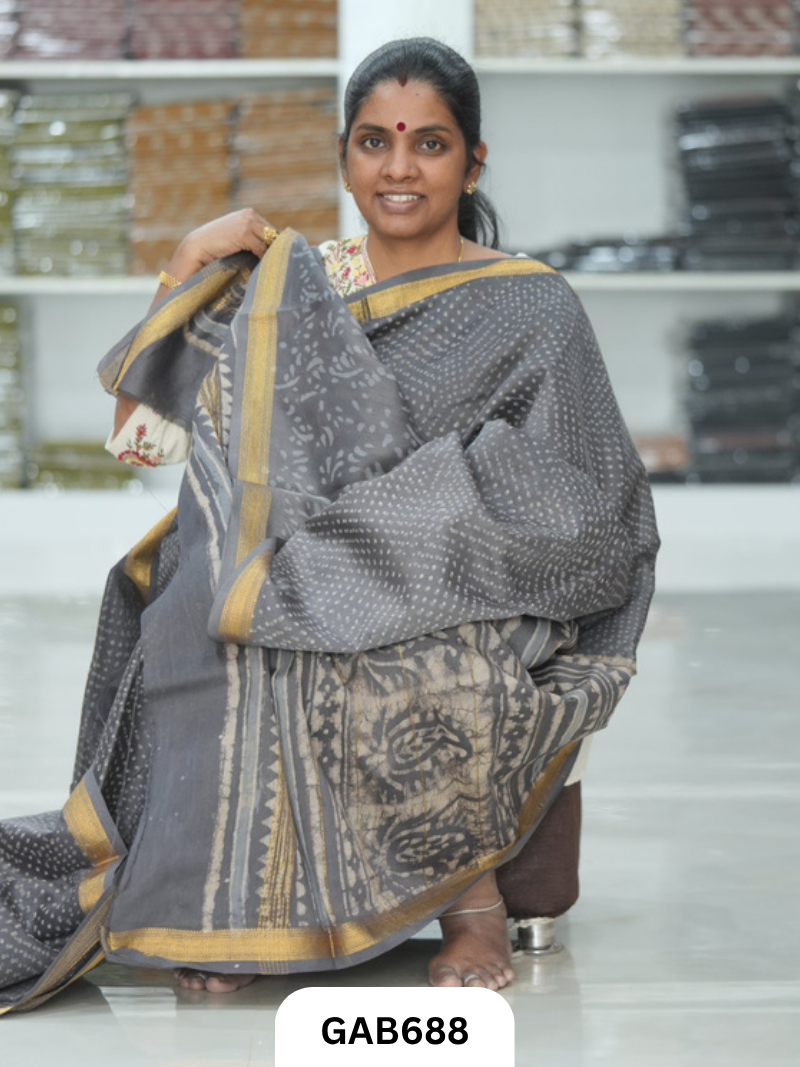 Hand Block Printed Maheshwari Silk Saree