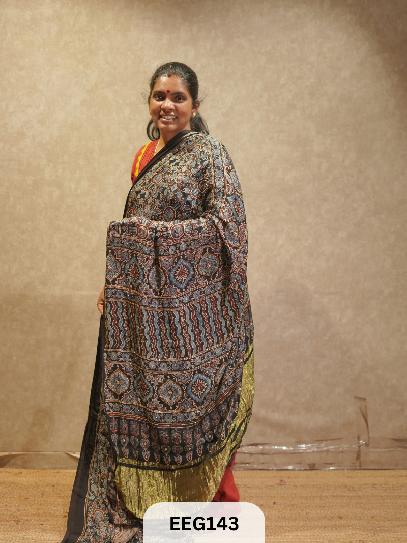 AJRAKH MODAL SAREE WITH KHATLI HANDWORK