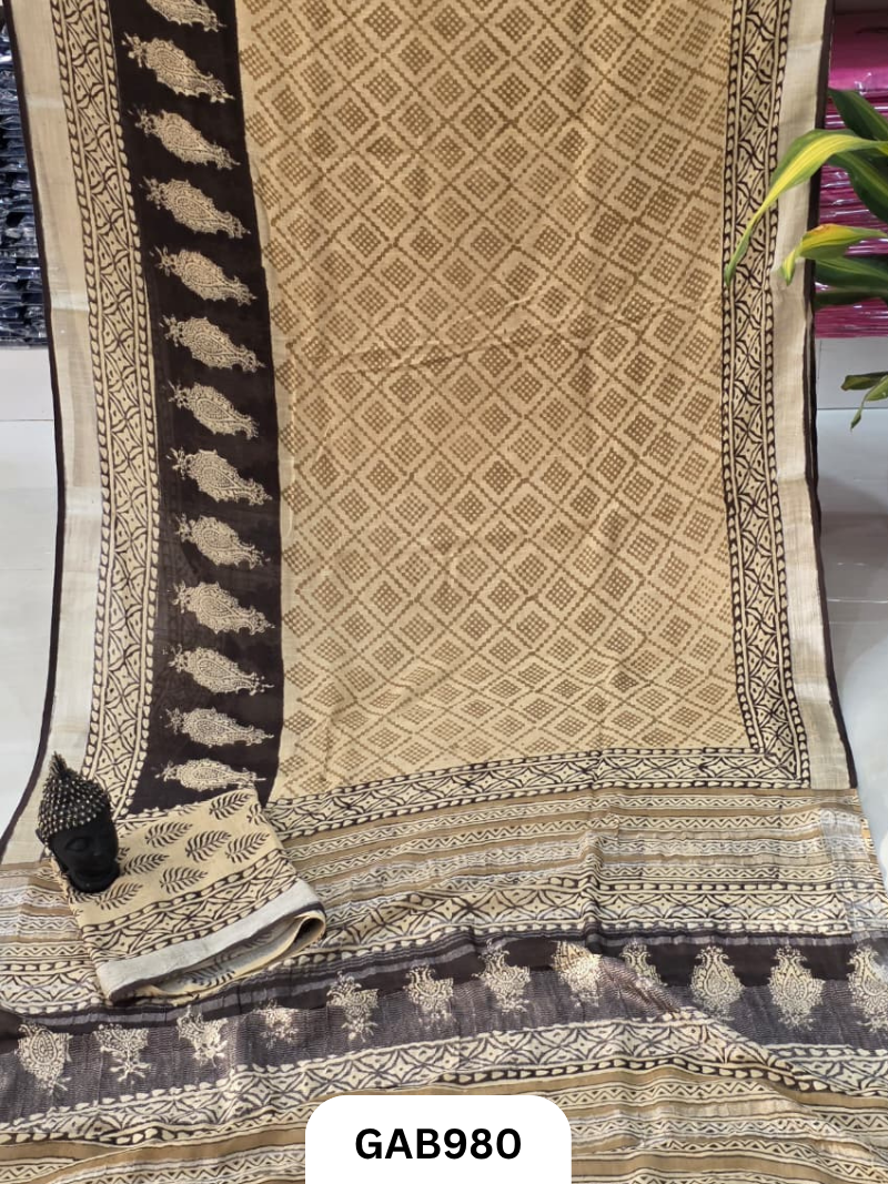 Bagru Handblock Print Linen Saree With Attached Blouse