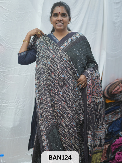 BANDHANI WITH AJRAKH SEMI GAJI SAREE
