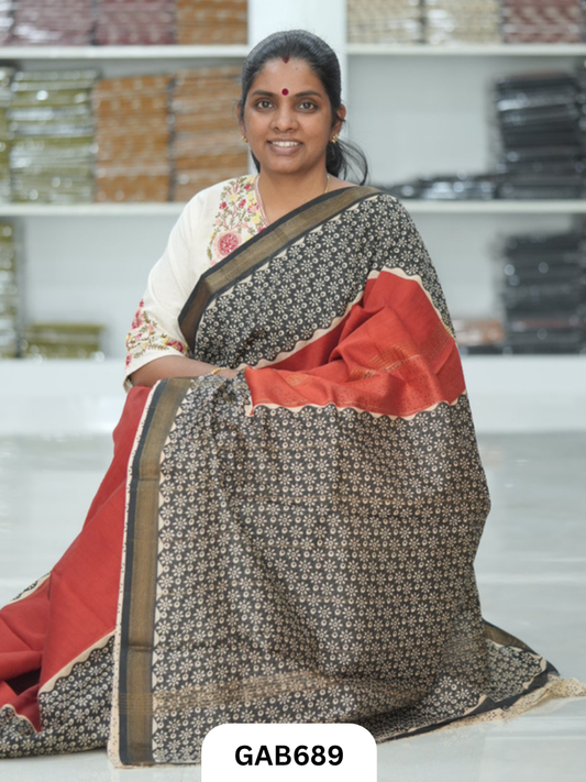 Hand Block Printed Maheshwari Silk Saree