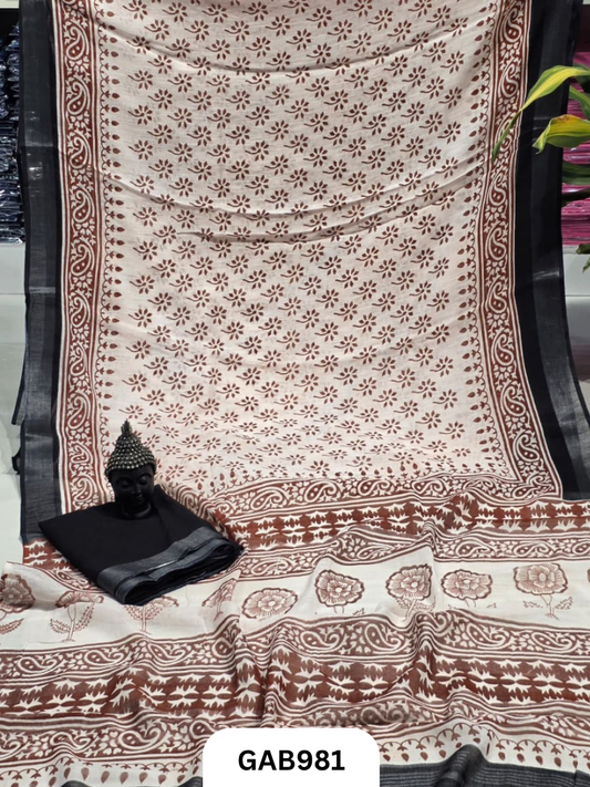 Bagru Handblock Print Linen Saree With Attached Blouse