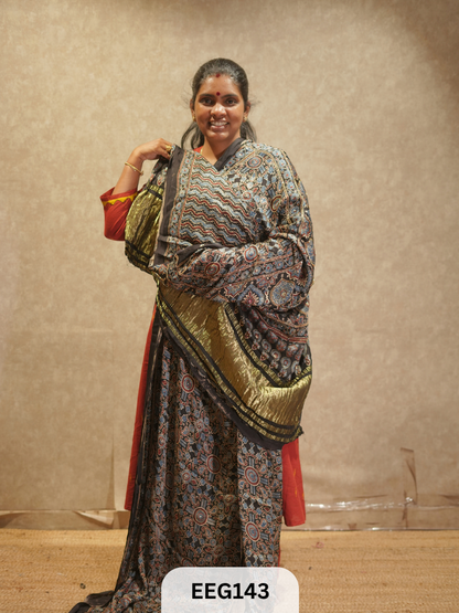 AJRAKH MODAL SAREE WITH KHATLI HANDWORK