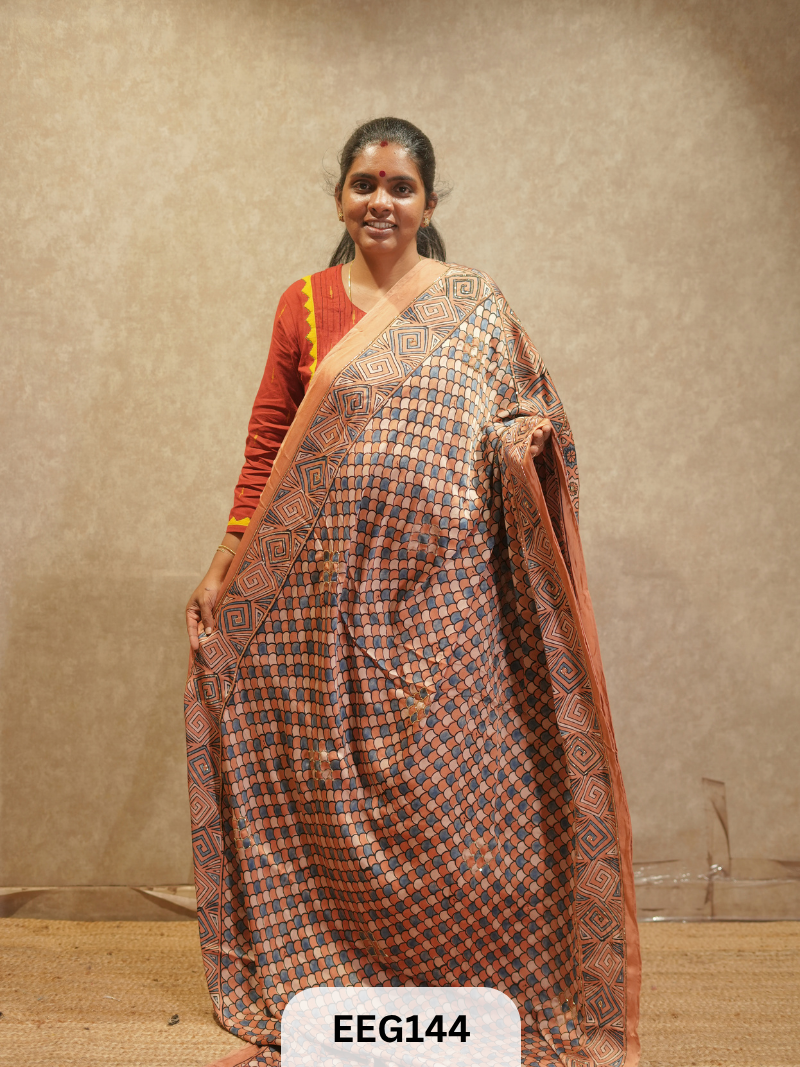 AJRAKH MODAL SAREE WITH KHATLI HANDWORK