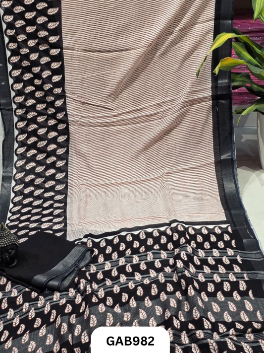 Bagru Handblock Print Linen Saree With Attached Blouse