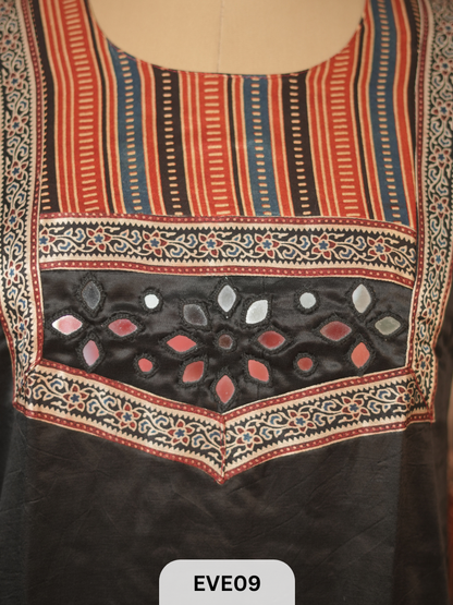 MASHRU KURTI WITH MIRROR WORK AND AJRAKH PRINT