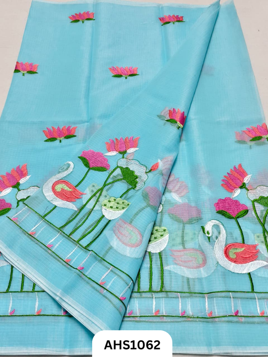 Kota Cotton Lotus & Swan Embroidery  Work Saree with Blouse
