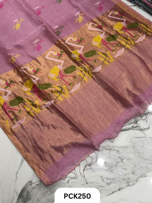 Handloom Pure Linen Silk Saree With Jamdhani Weave | Tissue Pallu