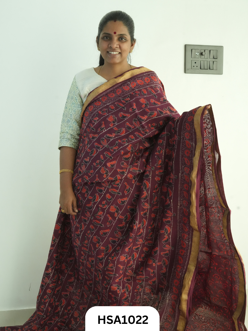 Pure Maheswari Silk Cotton - Handblock Print Saree With Blouse
