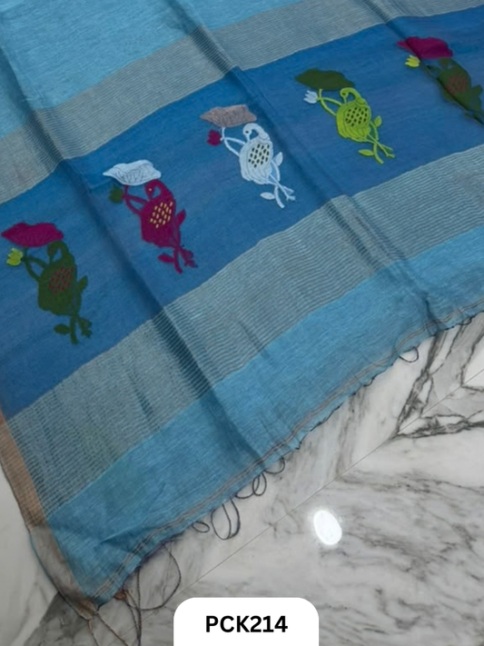 Pure Handloom Linen Silk Saree with Jamdani Weave