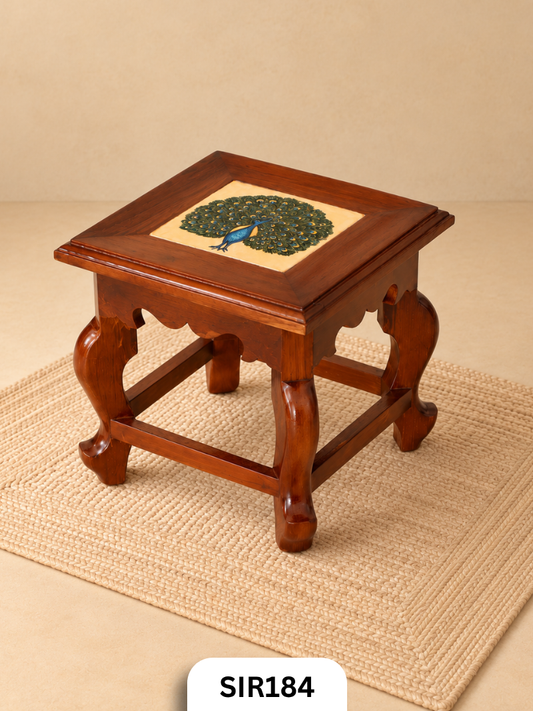 Teak Wood Authentic Athanugudi Tiles Handcrafed Stool Peacock Top