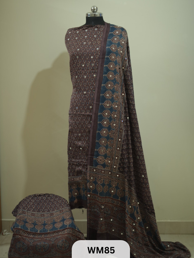 MODAL AJRAKH WITH GLUED MIRROR SALWAR SUIT - 3PCS