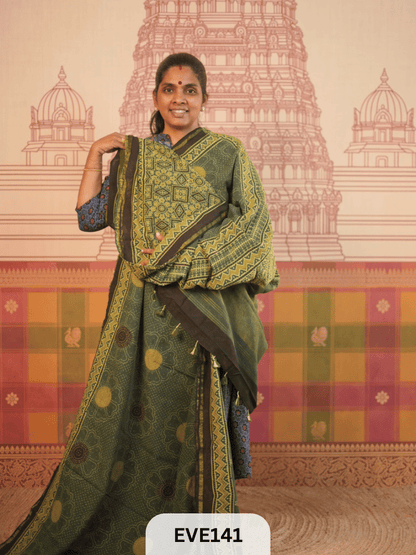 PURE CHANDERI SILK AJRAKH HANDBLOCK SAREE