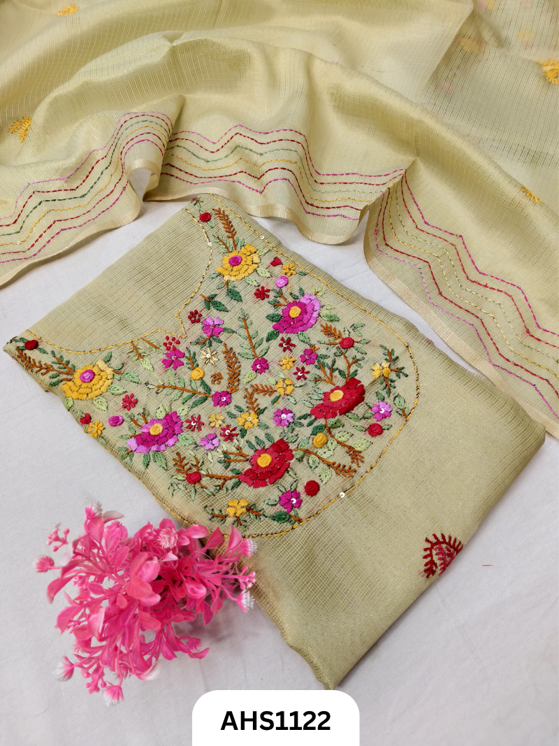 Tissue Kota Doria With Hand Fullkari Work Salwar Suit - Top & Duppatta 2.5mtr