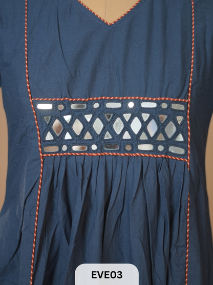 PLAIN COTTON KURTI WITH MIRROR WORK AND AJRAKH PRINT