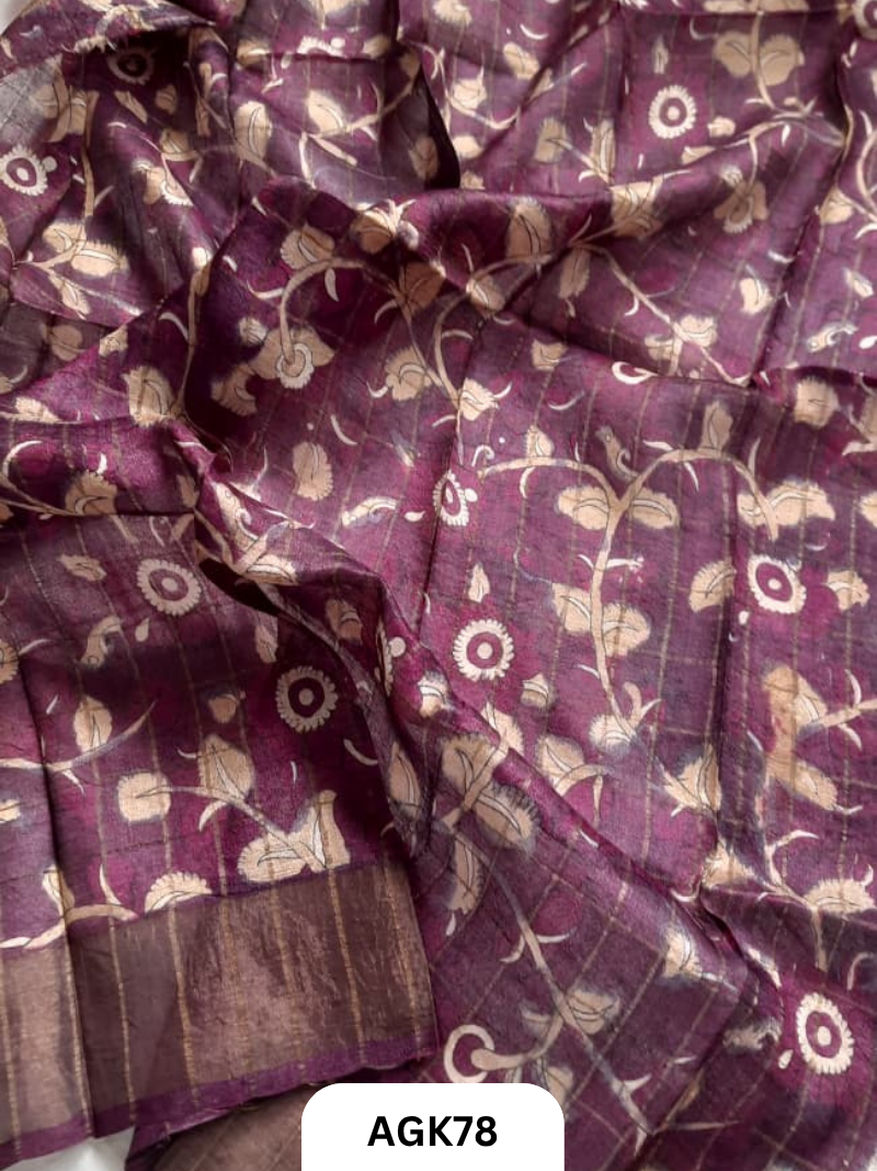 Premium Check Tussar Blouse Piece with Kalamkari Print – 80 CM