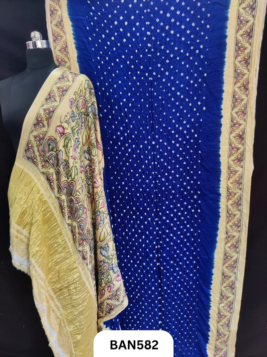 Semi Gaji ts kalamkari digital print pallu, blouse and border with bandhej saree