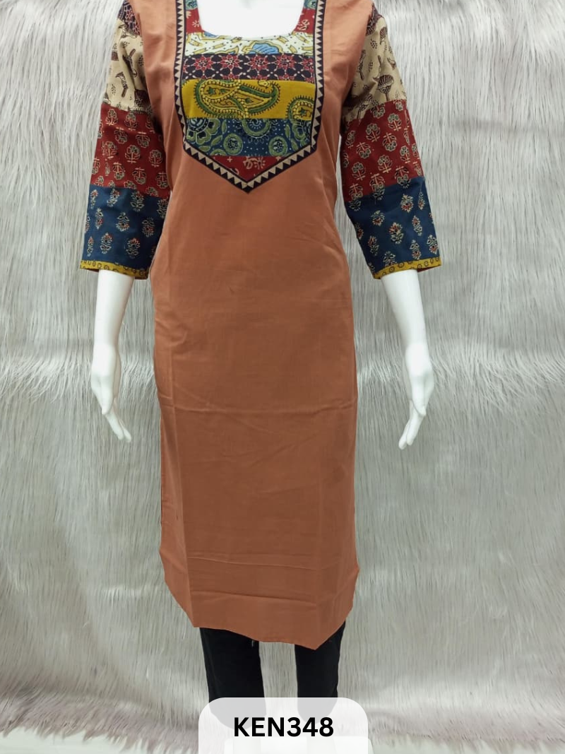 COTTON PLAIN KURTI WITH AJRAKH PATCHWORK YOKE WITH POCKET
