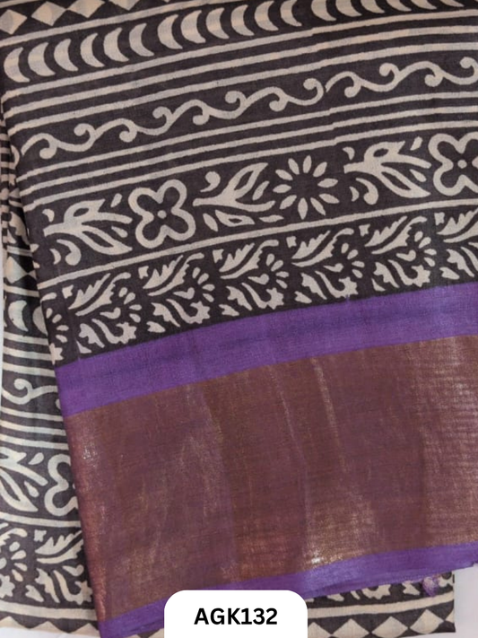 PREMIUM QUALITY  ZARI BORDER TUSSAR HAND BLOCK PRINTING WORK  WITH BLOUSE PIECE  SILK MARK CERTIFIED