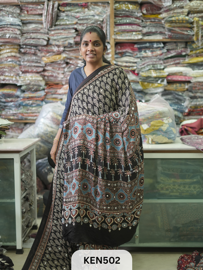 MODAL NATURAL AJRAKH HANDBLOCK SAREE WITH GLUE MIRROR